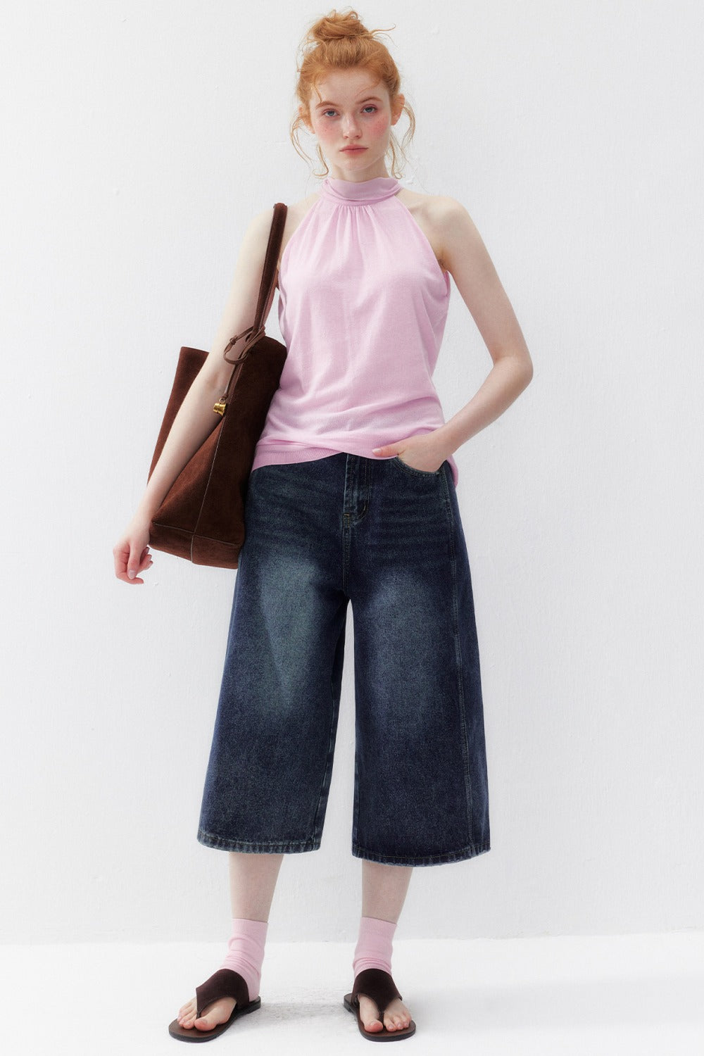 Cotton Silk Ribbon Sleeveless Halter Top