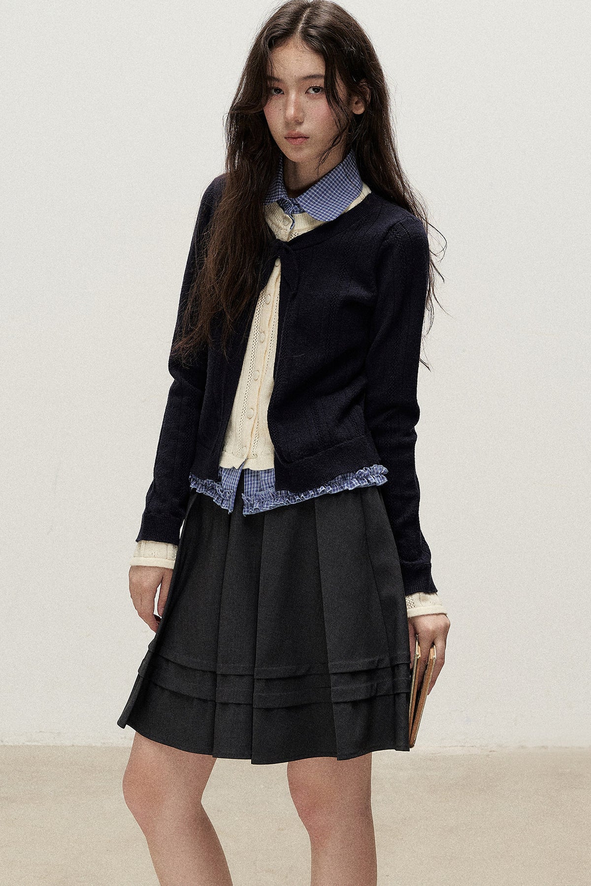 Plaid Collar Layered-Look Knit Top