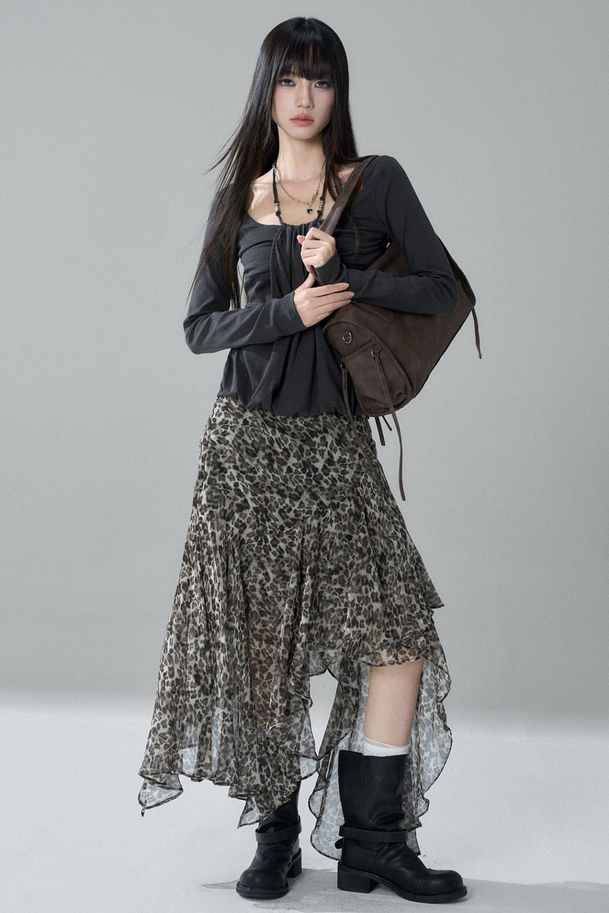 Asymmetrical Leopard Print Chiffon Skirt