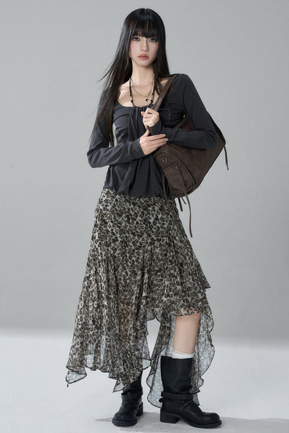 Asymmetrical Leopard Print Chiffon Skirt