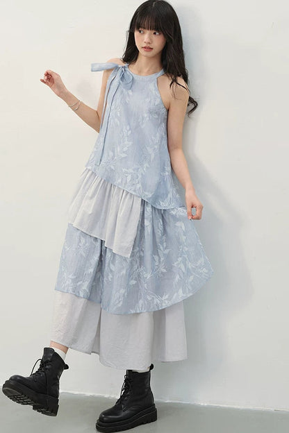 Blue Halter Print Tiered Dress