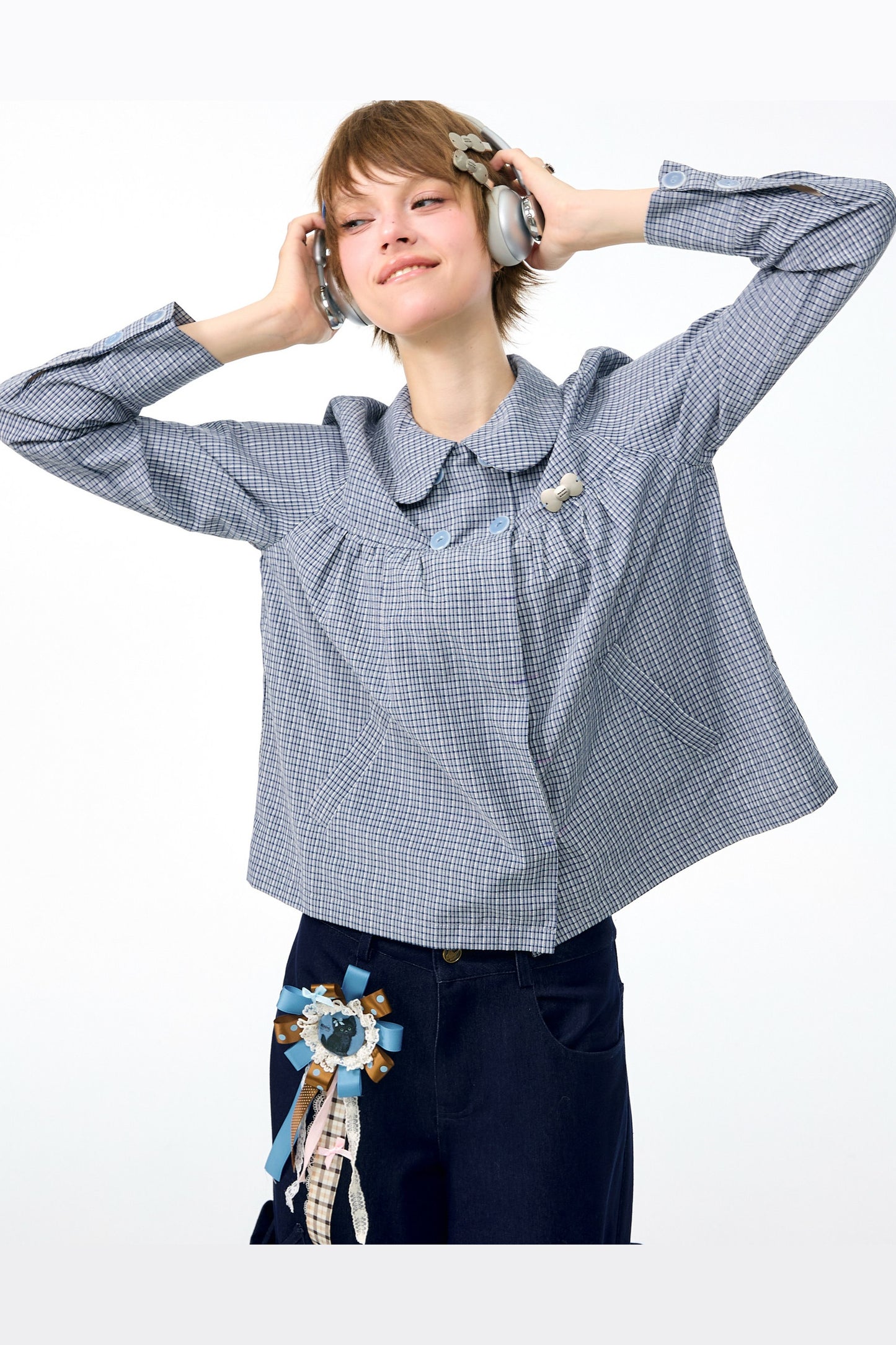 Pink Plaid Doll Collar Shirt
