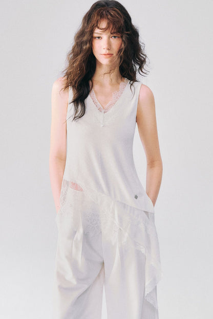 Irregular Hem Lace V-Neck Sleeveless Top