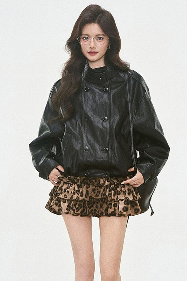 Bud-Shaped Leather Jacket and Leopard Tiered Skirt Set-Up