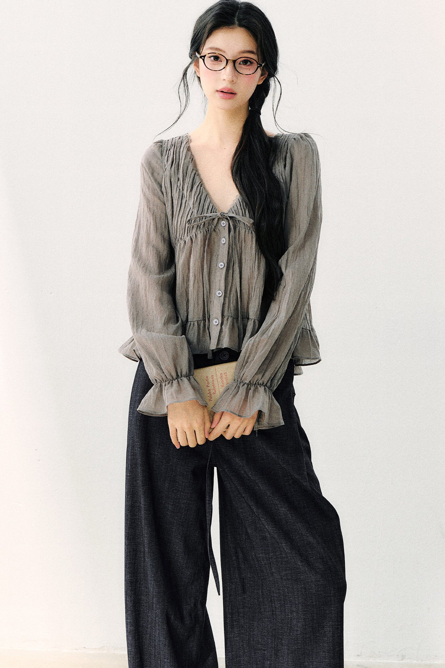 Ruffled V-Neck Long-Sleeved Chiffon Top