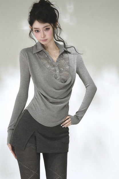 Lace Drape Collar Long-Sleeve Knit Top