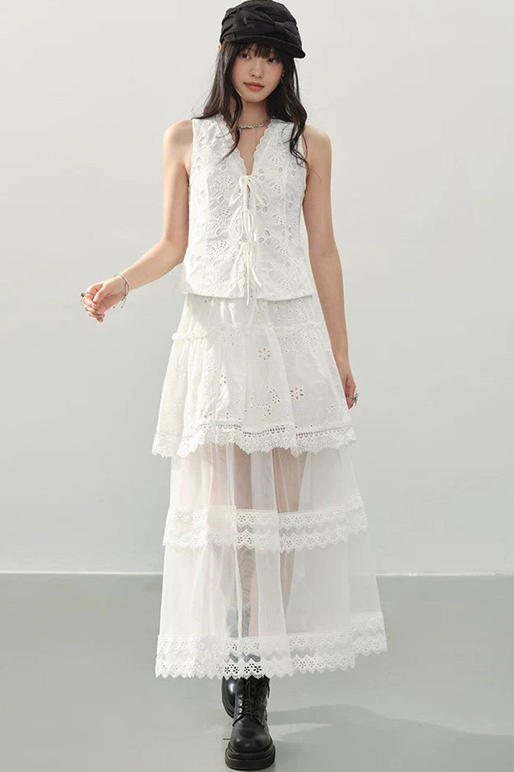 Gonna A-Line In Pizzo Bianco A Balze