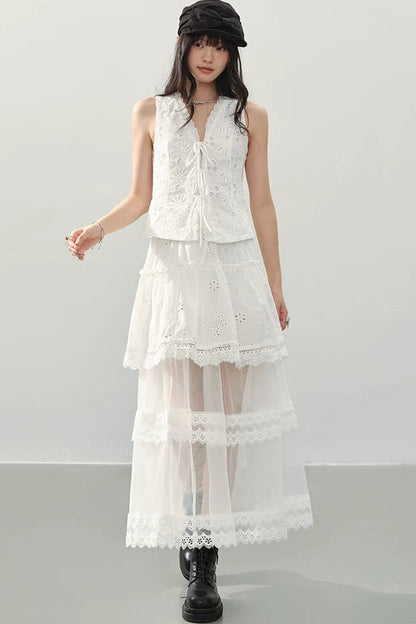 Gonna A-Line In Pizzo Bianco A Balze