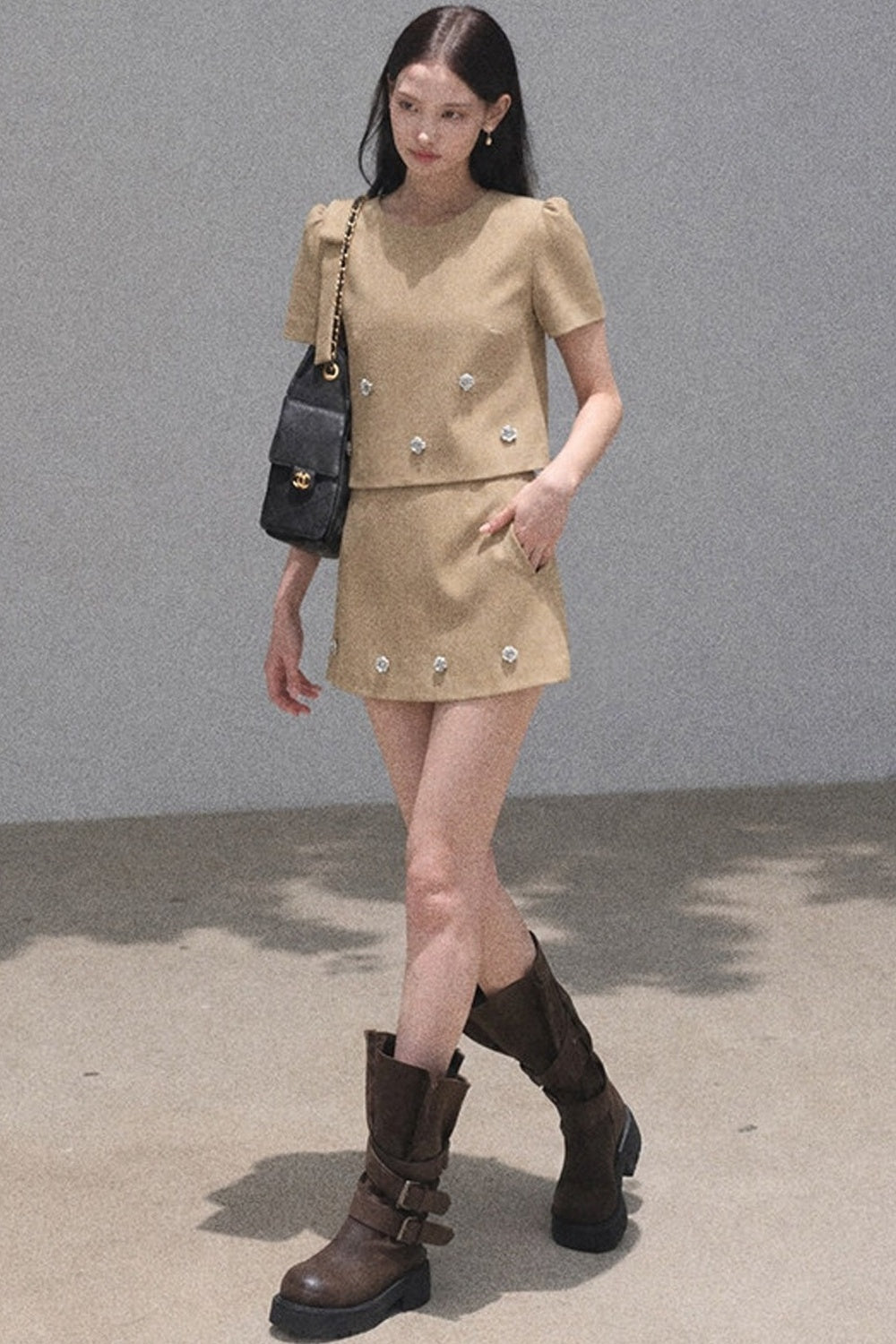 Short-Sleeved Ribbon Top and High-Waisted A-Line Skirt Set