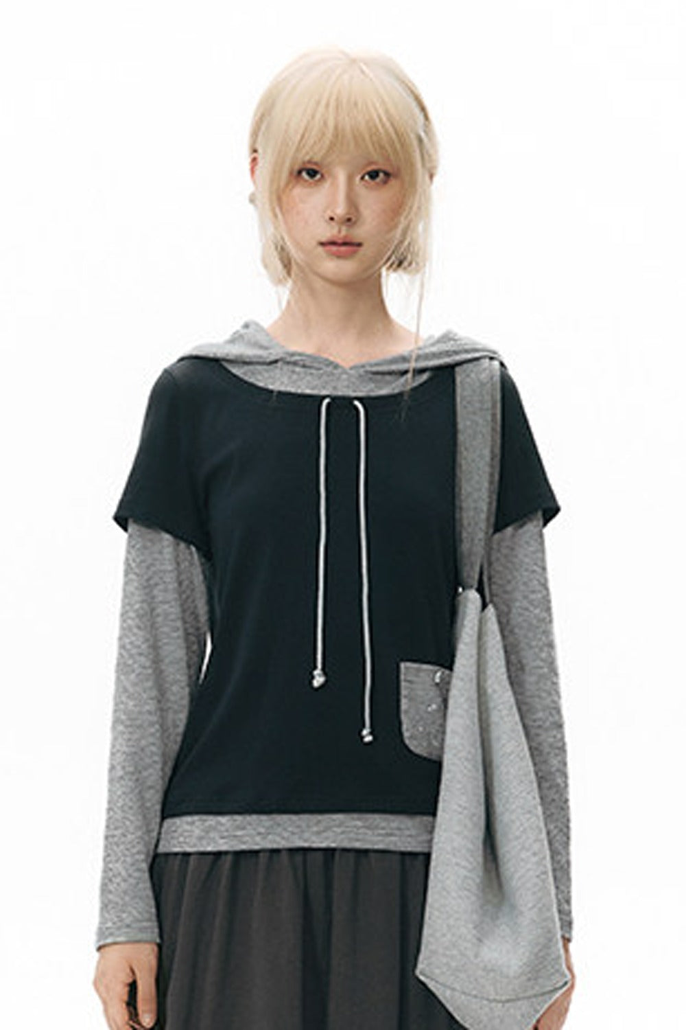 Layered-Look Hooded Long-Sleeve Top