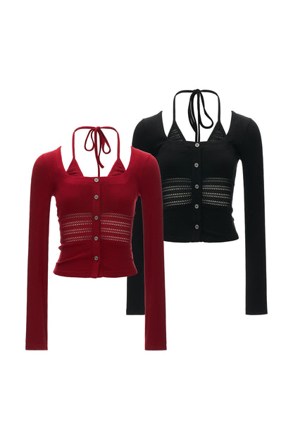 Long-Sleeve Halter Button Hollow-Out Cardigan