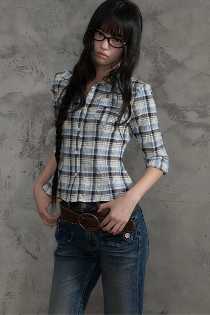Retro Plaid Short Sleeve Shirt and Pants Set-Up