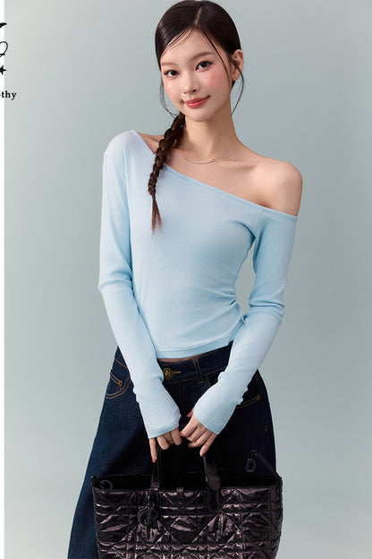 Off-Shoulder Long-Sleeve Slim T-Shirt