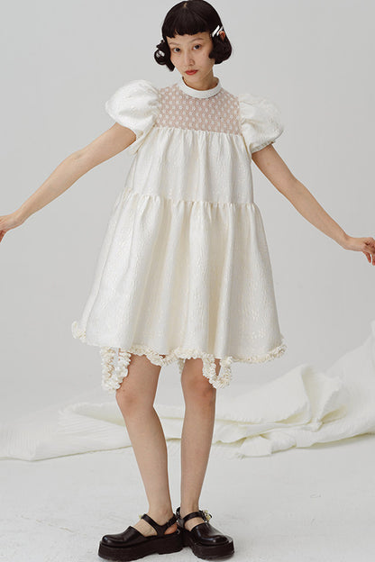 Lace Patchwork Puff Sleeve A-Line Dress