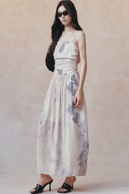 Ink Wash Plant Print Ribbon Dress