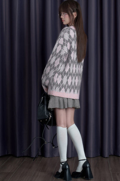 Pink Argyle Knit Cardigan and Skirt Set-Up