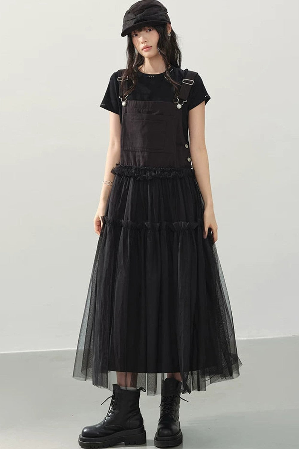 Black Denim Mesh A-Line Dress