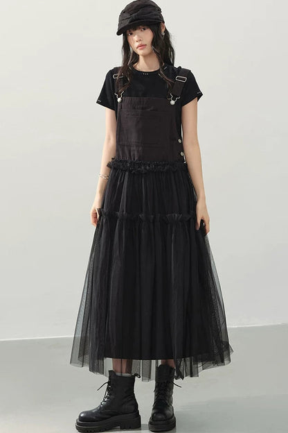 Black Denim Mesh A-Line Dress