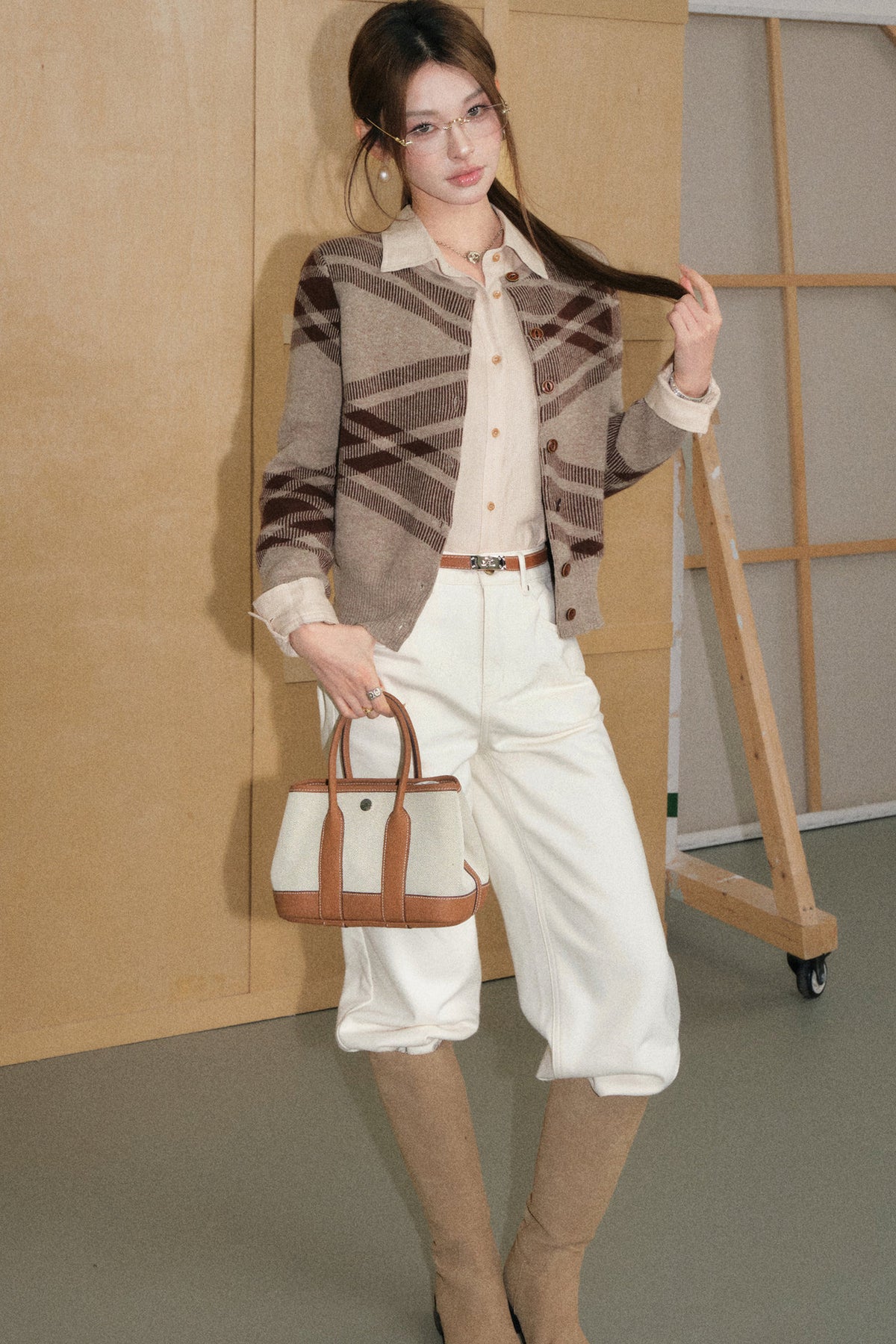 Coffee Plaid Wool Cardigan, Shirt and Pants Set-Up