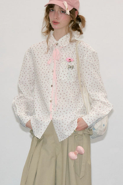 White Floral Lace-Up Doll Collar Blouse