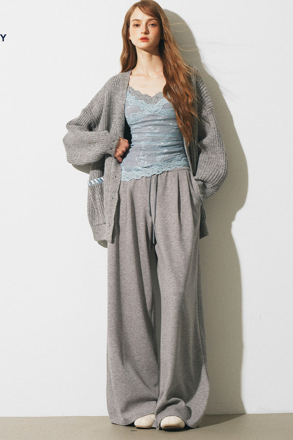 Lace Trim Vest, Knit Wide-Leg Pants and Jacket Set-Up