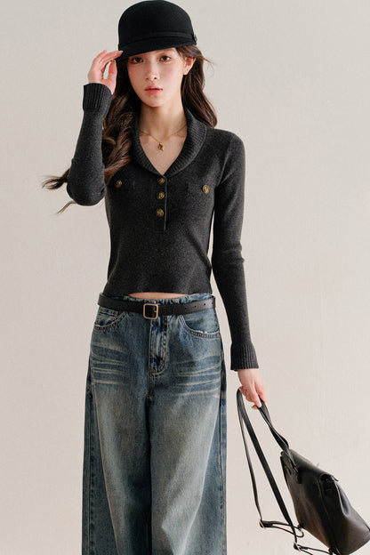 Half-Button Shawl Collar Wool-Blend Knit Sweater