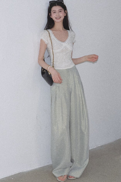 V-Neck White Lace Trim Short-Sleeve Top