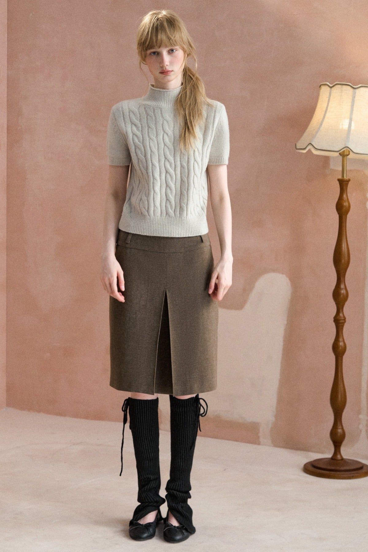 Cable Knit Stand Collar Short-Sleeved Sweater