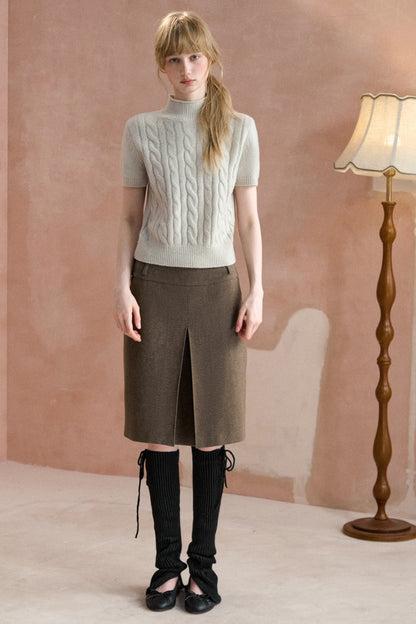 Cable Knit Stand Collar Short-Sleeved Sweater