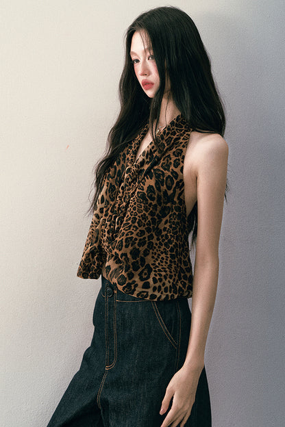 Neckholder-Top mit Leopardenmuster und Knoten