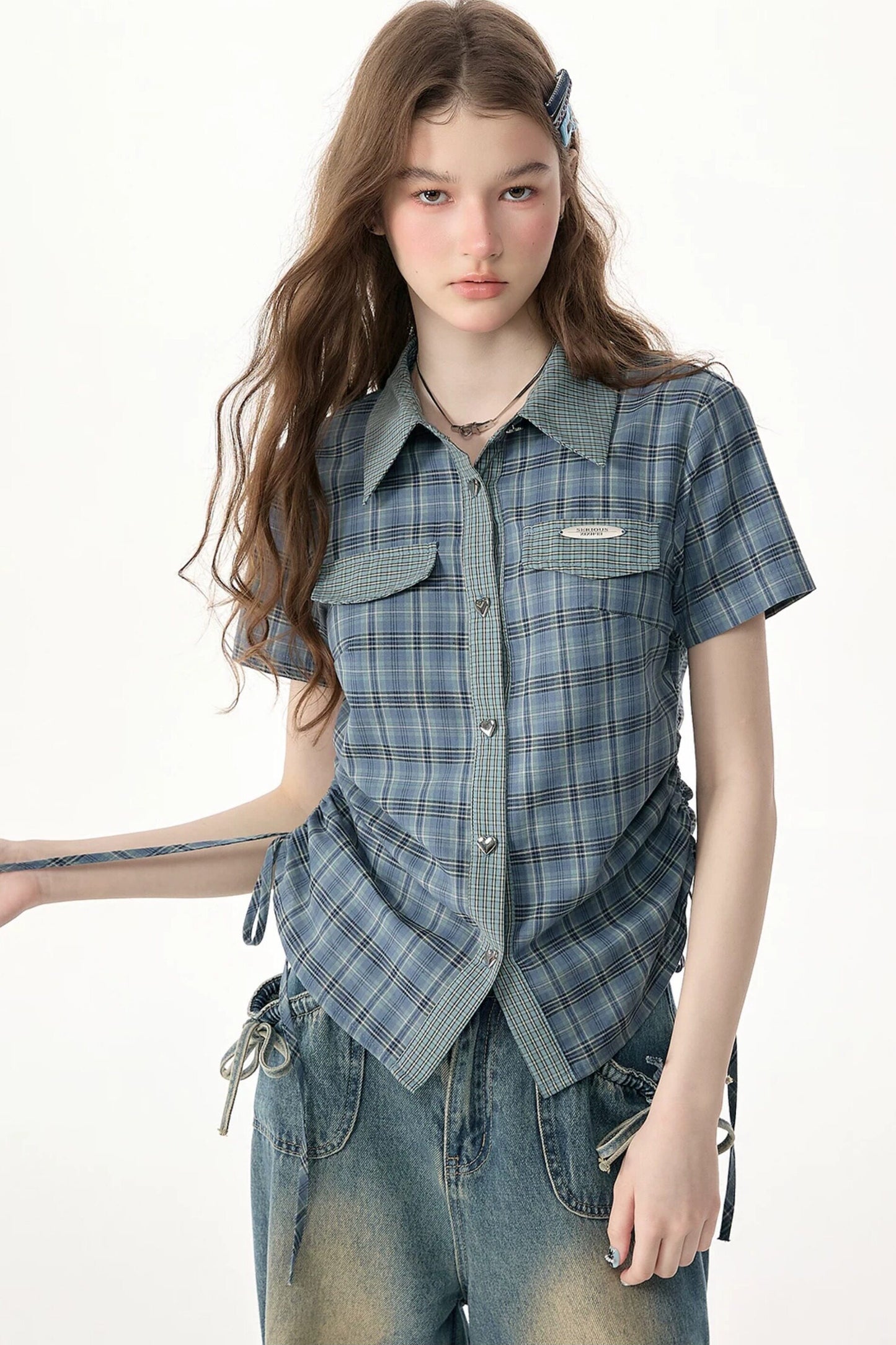 Camicia a maniche corte con motivo scozzese blu e verde