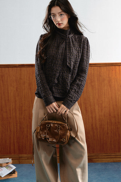 Plaid Cable-Knit Knit Shirt Top