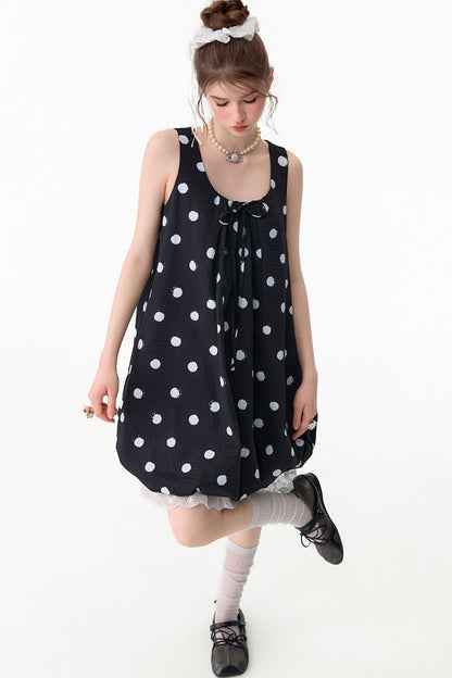 Black Polka Dot Sleeveless Lace Hem Dress