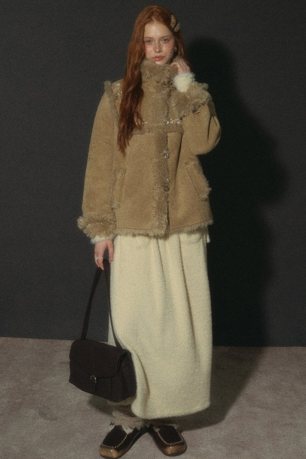 Embroidered Fur Collar Shearling Jacket