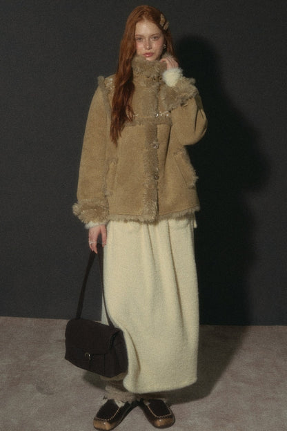 Embroidered Fur Collar Shearling Jacket
