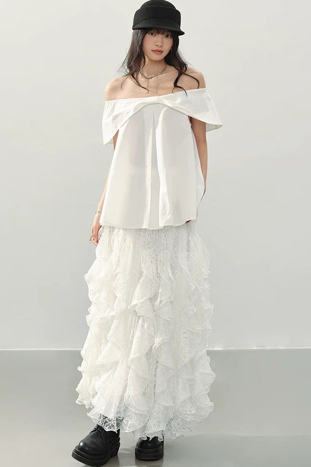 White Lace Ruffle Midi Skirt