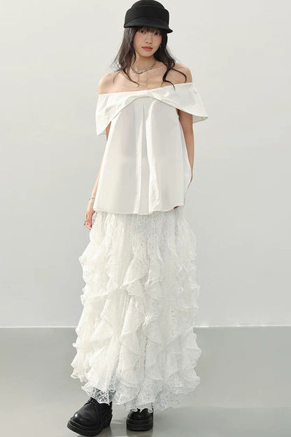 White Lace Ruffle Midi Skirt