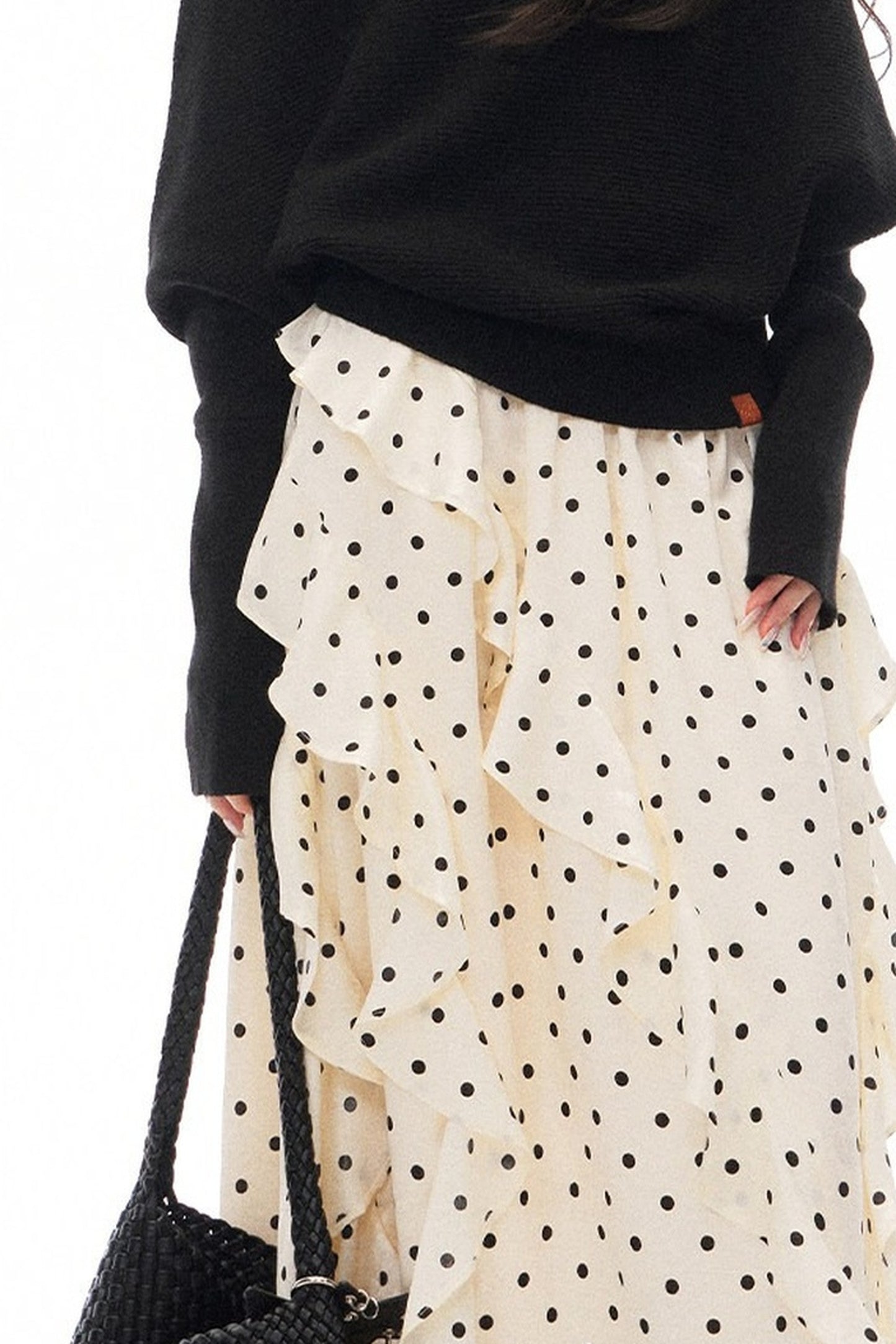 Batwing Knit Top and Polka Long Skirt Set-Up