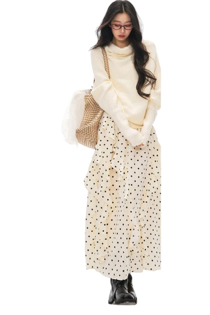 Batwing Knit Top and Polka Long Skirt Set-Up