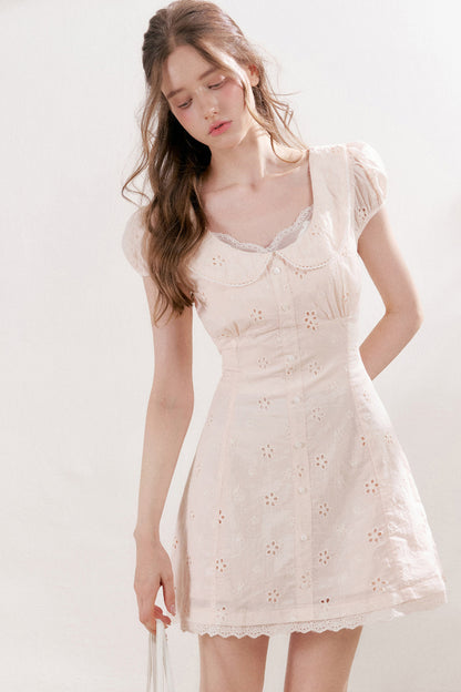Five-Petal Flower Embroidered Cotton Doll Collar Dress