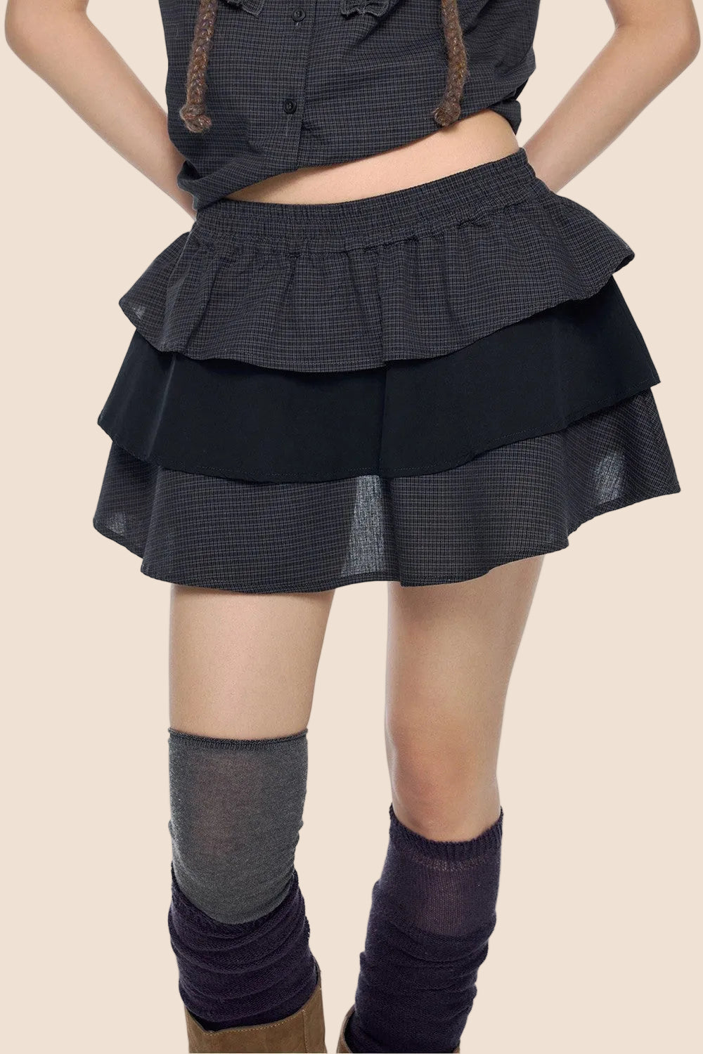 Plaid Pleated Blouse and Cake Skirt Set-Up
