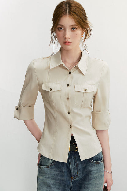 Three-Quarter Sleeve Pocket Work Shirt