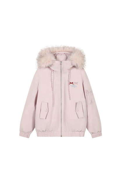 Embroidered Bow Fur Hood Down Jacket