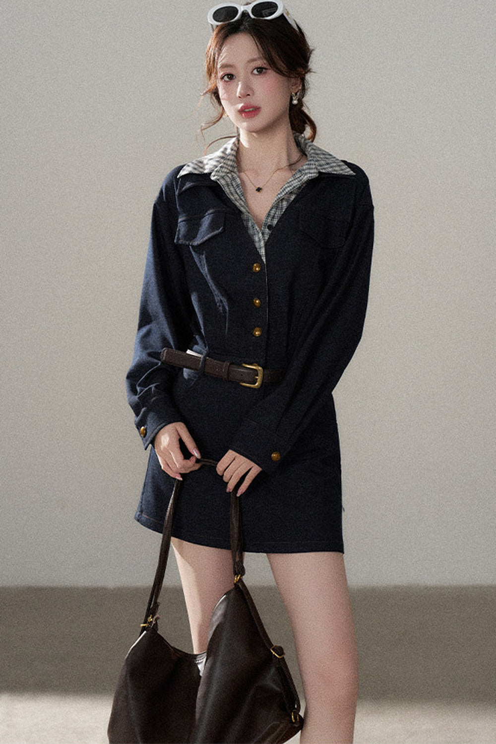 Robe trapèze taille haute à manches longues