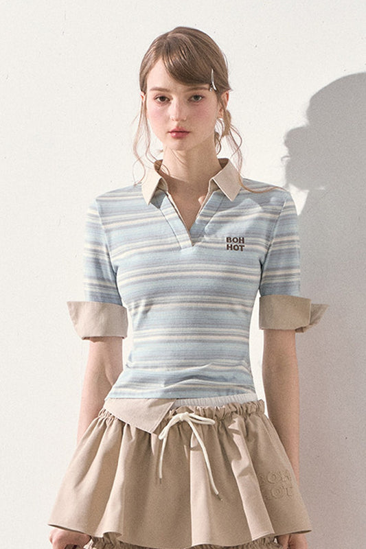 Mint Striped Patchwork Polo Top