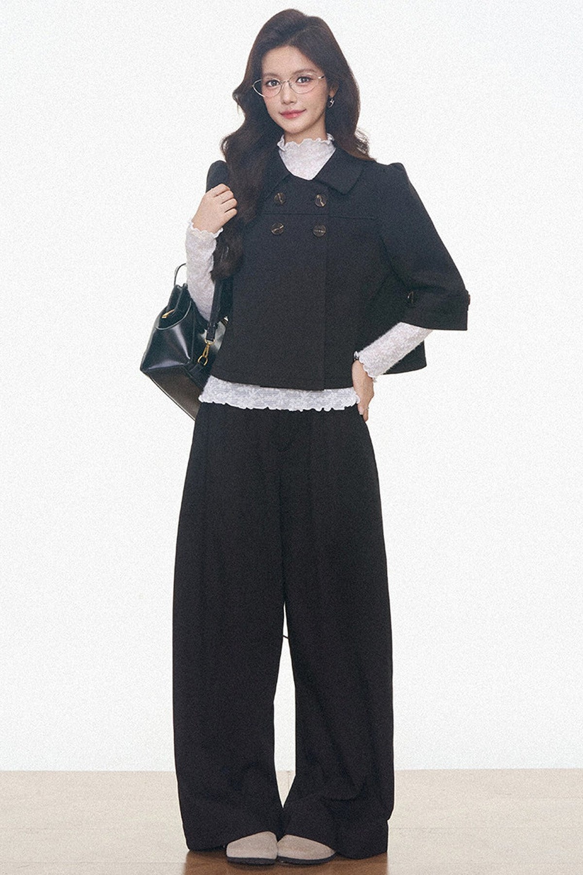 Double-Breasted Woolen Jacket With Midi Skirt and Pants Set-Up