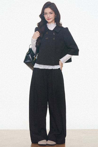 Double-Breasted Woolen Jacket With Midi Skirt and Pants Set-Up