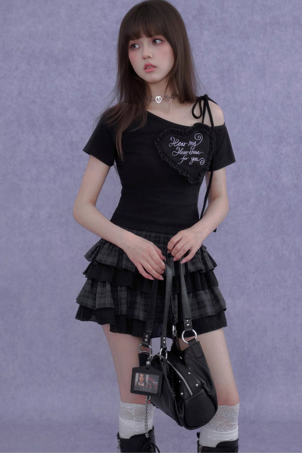 Heart Short-Sleeve One-Shoulder Top