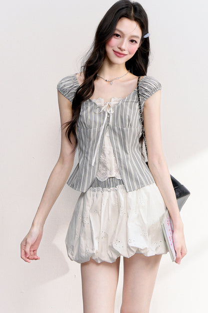 Plaid Lace Spliced Top and Skirt Set