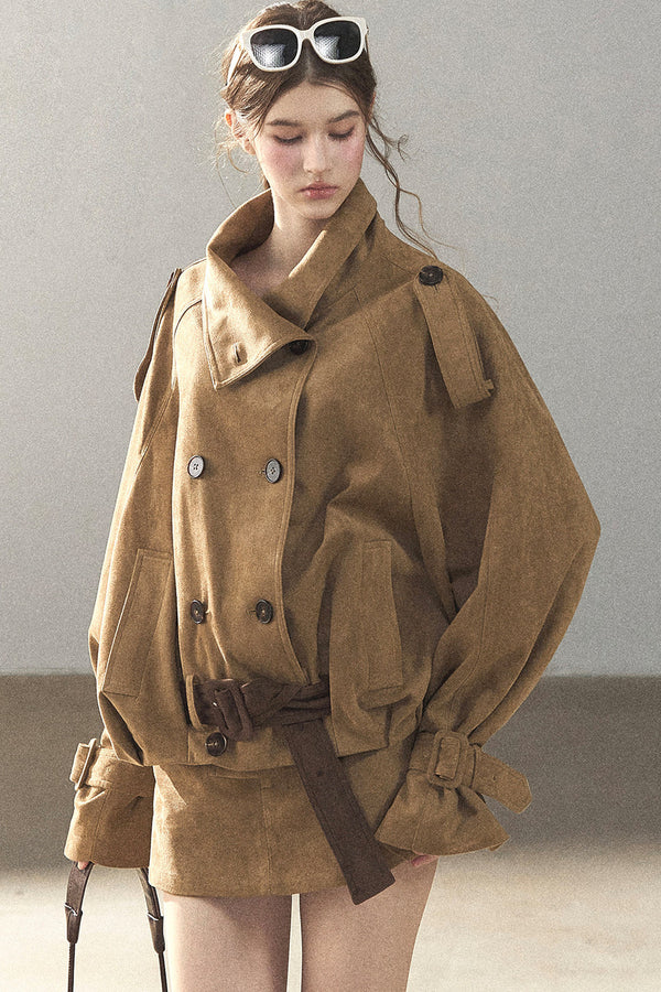 Chestnut Brown Faux Suede Windbreaker and Shorts Set-Up